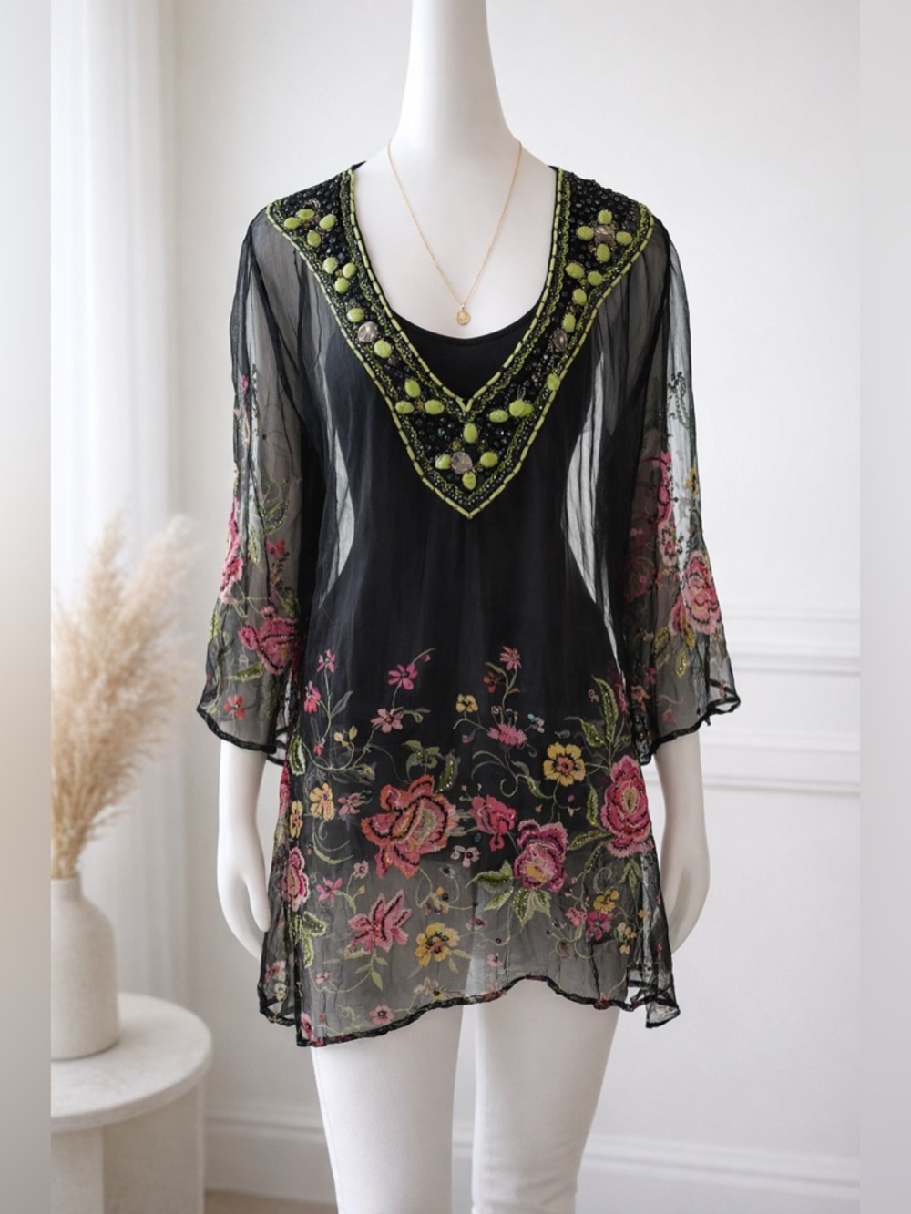 Aris Sheer Black Tunic with Pink Floral Embroidery and Lime Beaded V-Neck, L